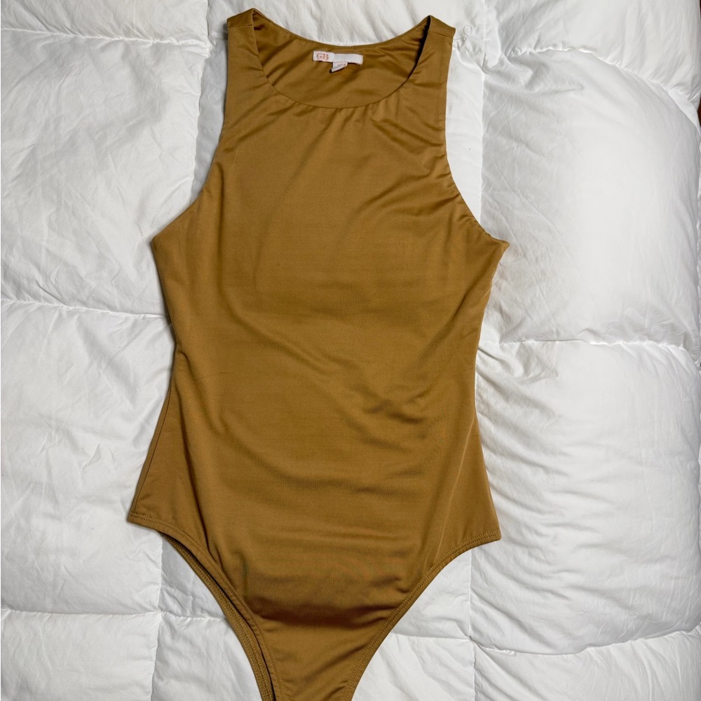 Gianni Bini Tan Brown Sleeveless Scoop Neck Stretch Bodysuit High Cut Snap XS